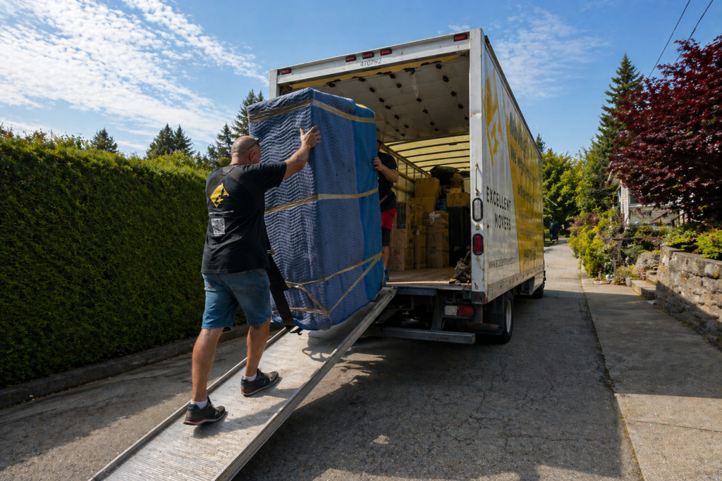 Professional movers loading protected furniture into a moving truck